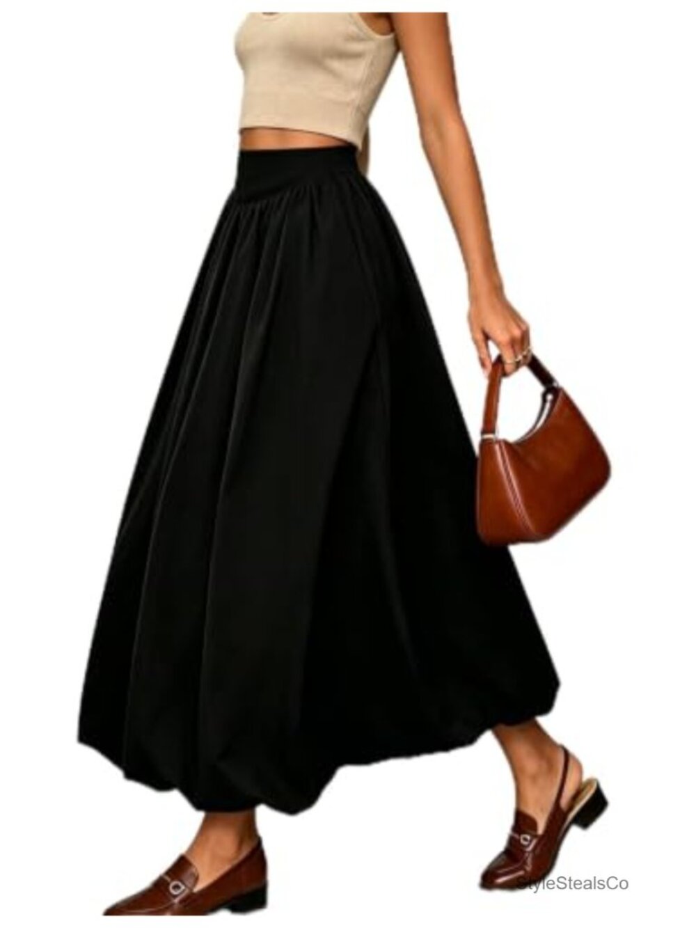 Women's Bubble Maxi Skirt Puffy Hem A-Line with Pockets Elastic Waist